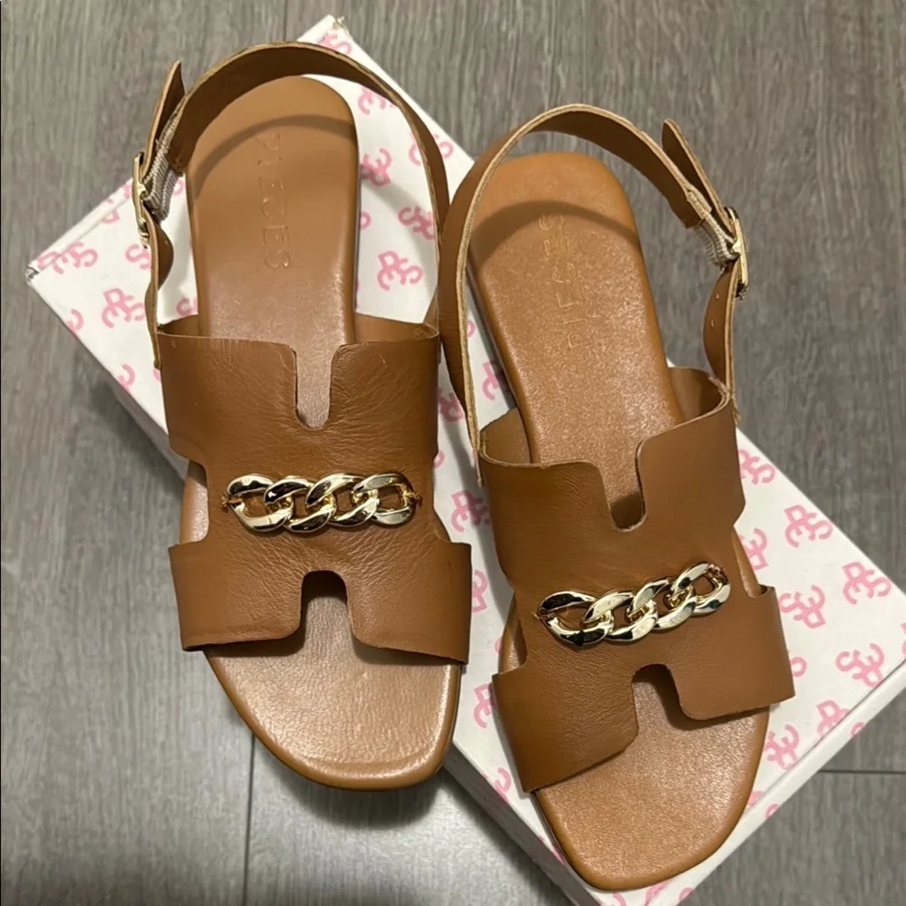 Sandales PIECES Gold and Brown Sandals With Chain Accent Size 37 - Picture 1 of 5